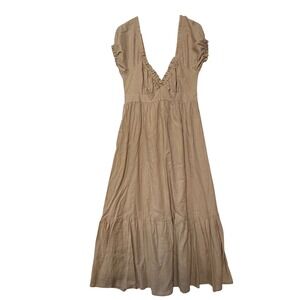 MABLE - Elidy | Women's M Tan Linen Blend Short Sleeve Tiered Midi Dress